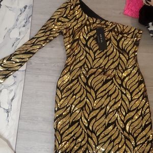 Gold sequin off the shoulder mini dress